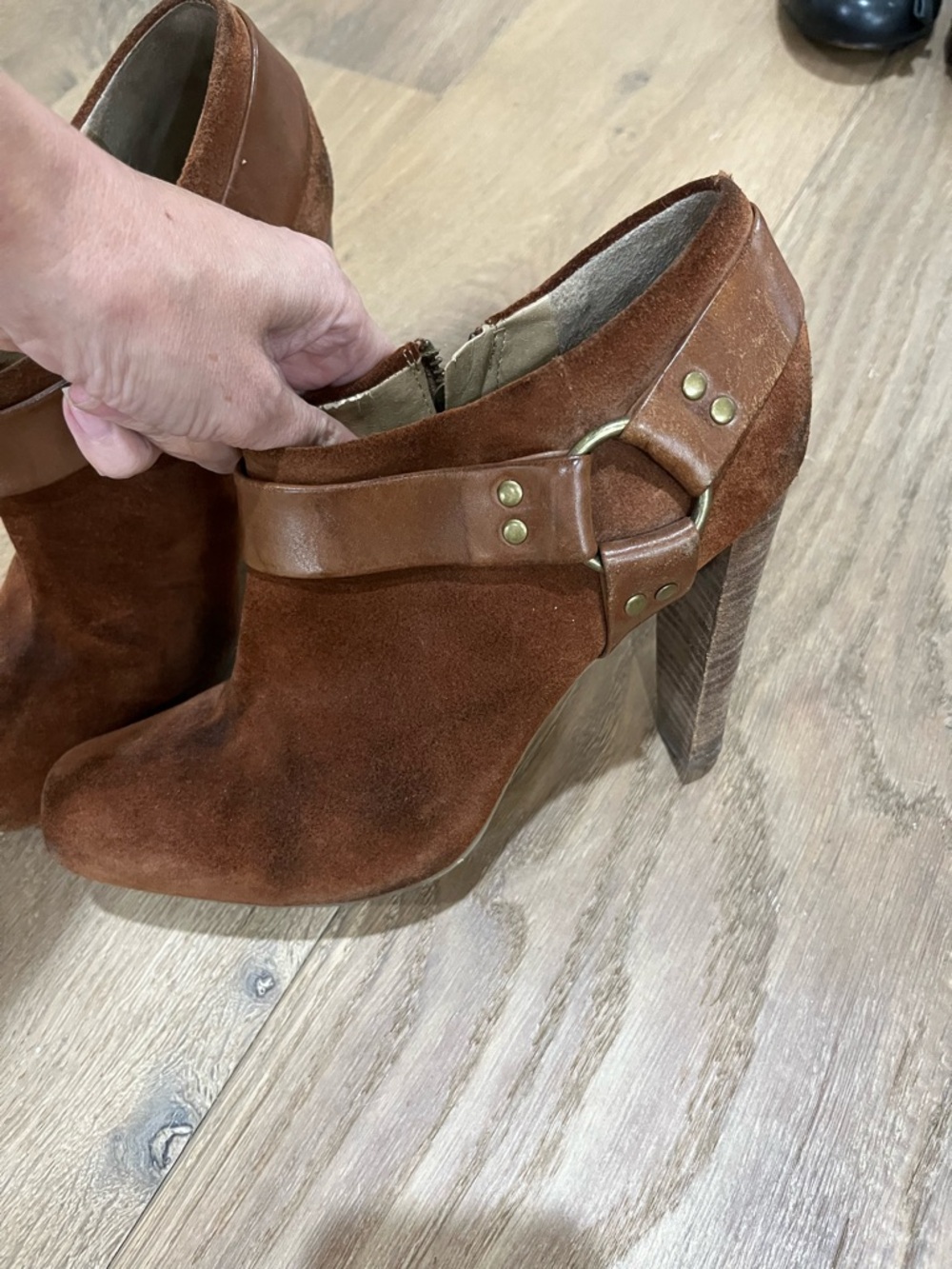 Jessica Simpson Women's Brown Suede High-Heel Ankle Boots with Leather Strap